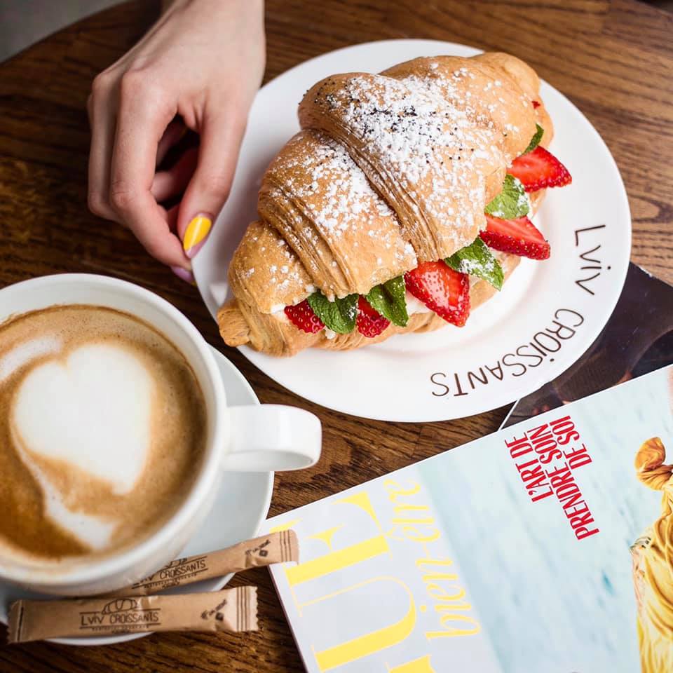 Croissant with strawberries photo